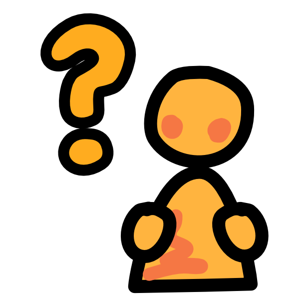 A large yellow question mark next to an abstract yellow person. The image has dark line art
